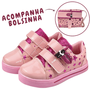 Kit Tênis Infantil Feminino Casual Estrelas com Bolsa Rosa Kidstep